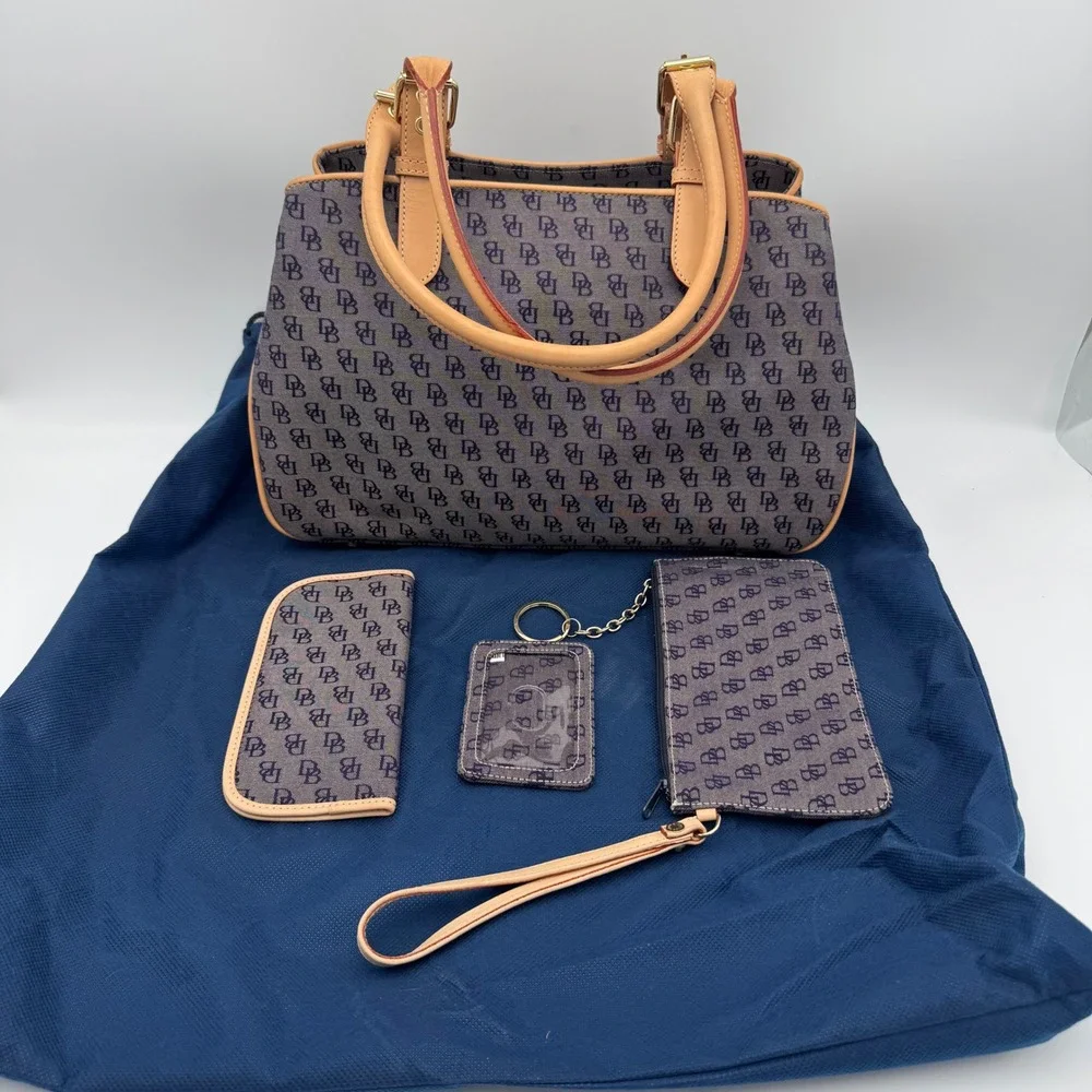 Dooney & Bourke Satchel‎ Bag Women Medium Navy Monogram Leather Trim 4 Piece Set